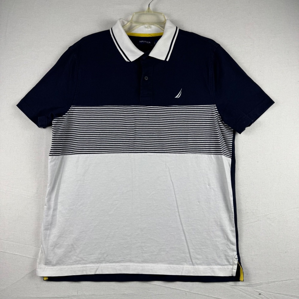 Nautica Mens Large Navy Blue White Striped Colorblock Cotton Polo Shirt